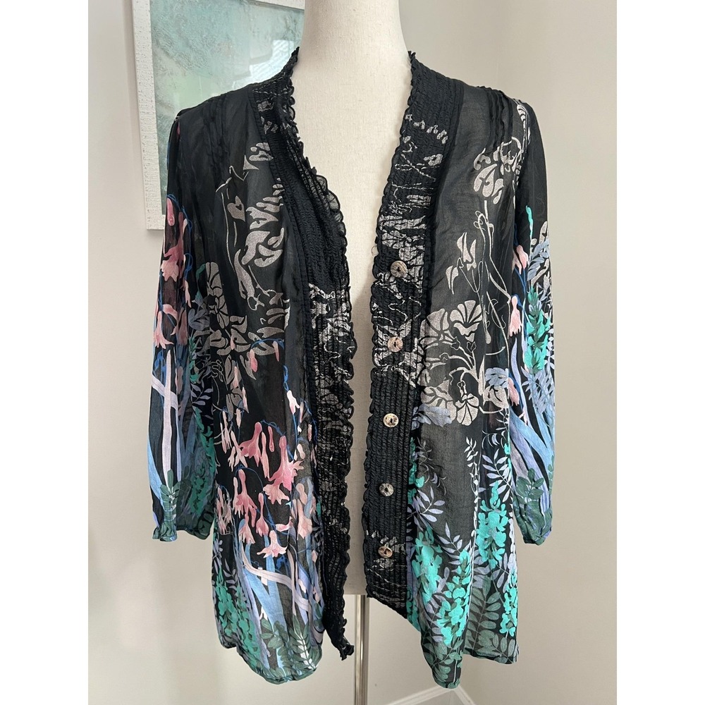 Citron Blouse Womens XL Black Silk Floral Kimono Top Boho Artsy Whimsigoth Fairy